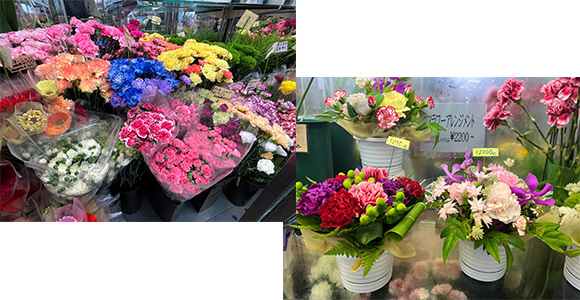 写真：販売用切り花とアレンジした花束
